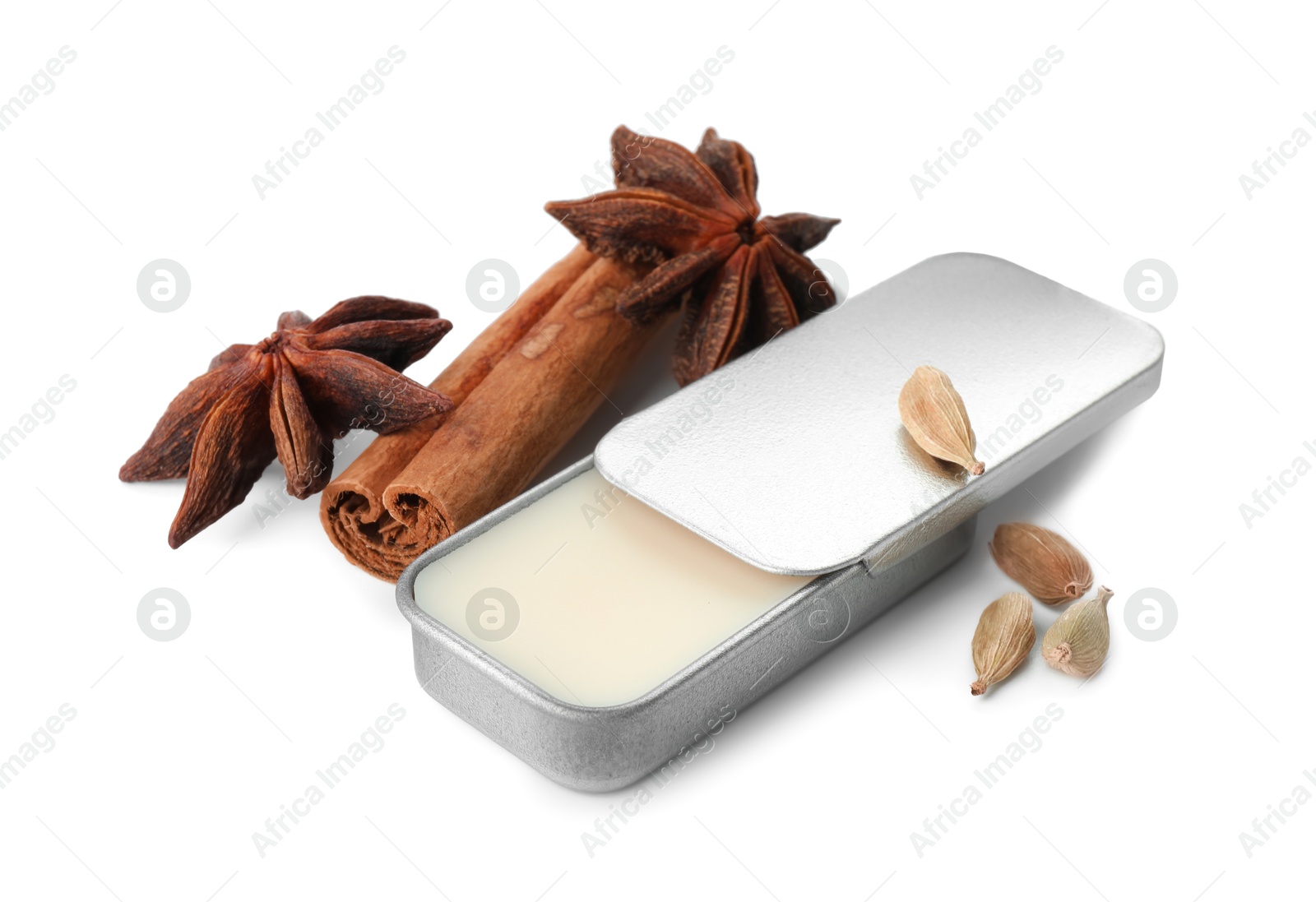 Photo of Natural solid perfume and condiments isolated on white