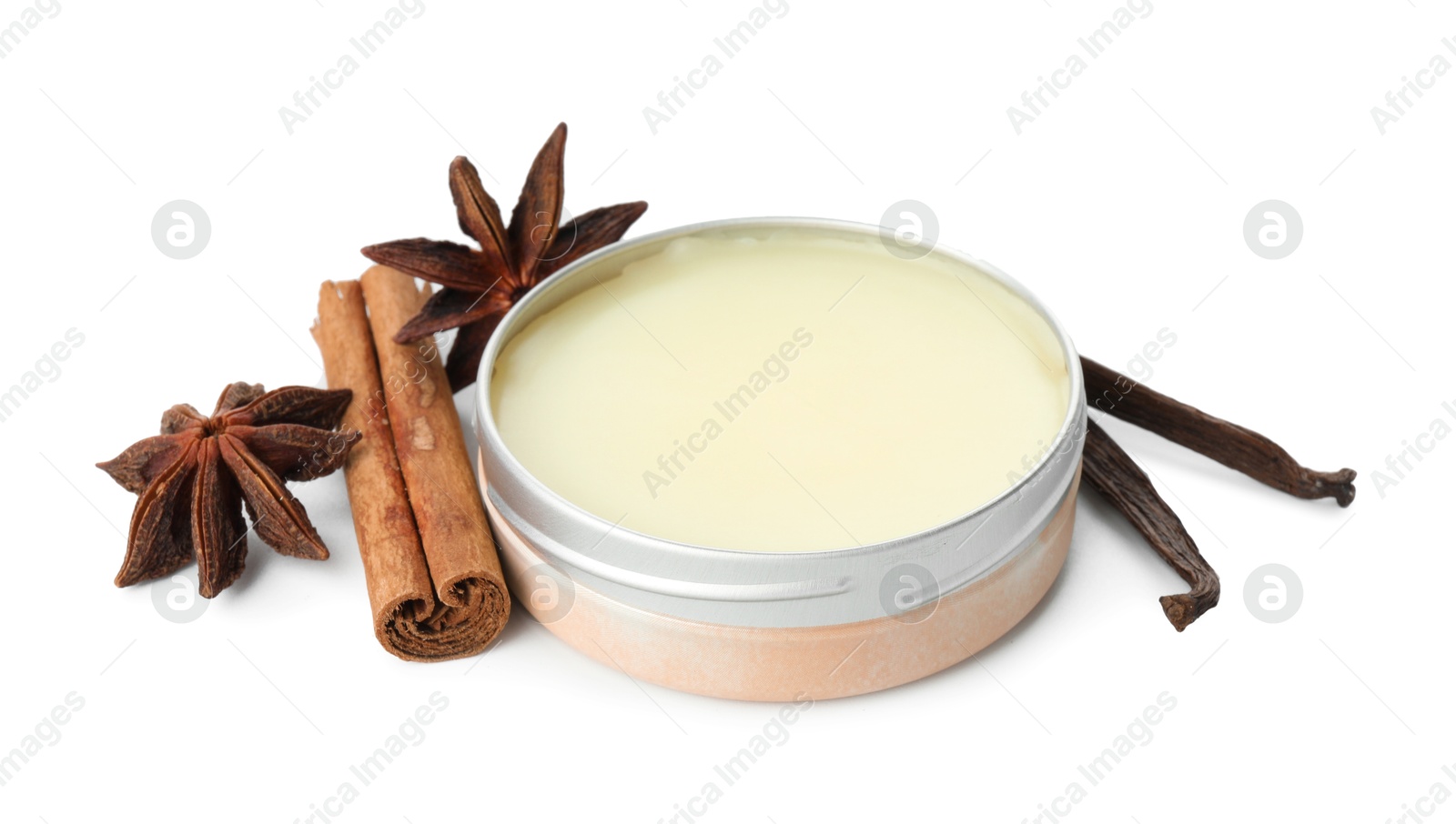 Photo of Natural solid perfume and condiments isolated on white