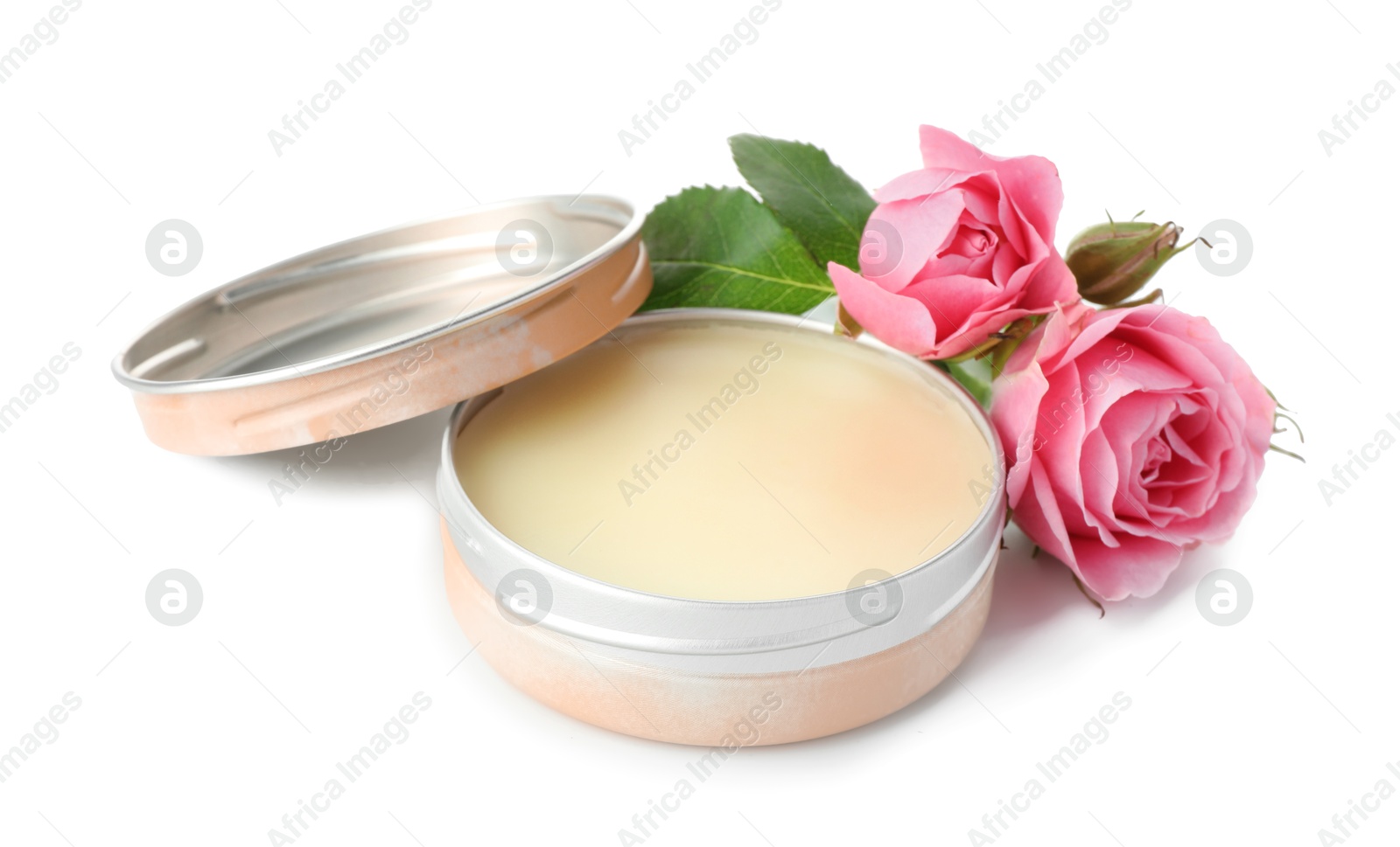 Photo of Natural solid perfume and roses isolated on white