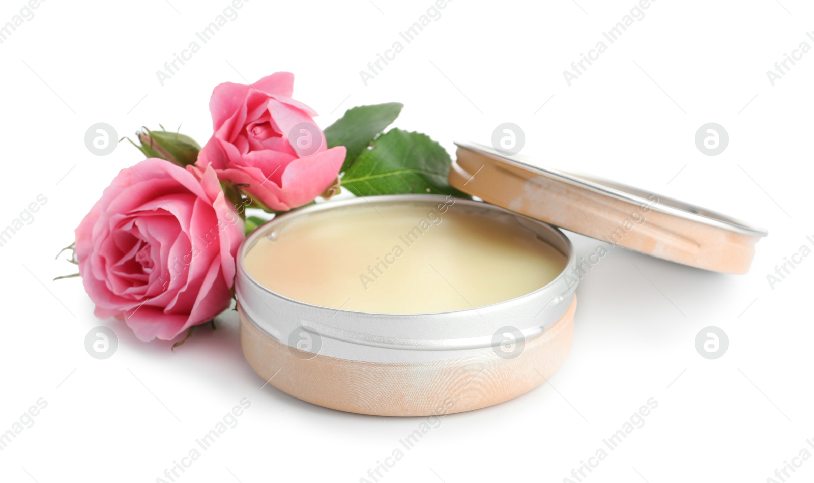 Photo of Natural solid perfume and roses isolated on white