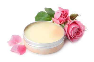 Photo of Natural solid perfume and roses isolated on white