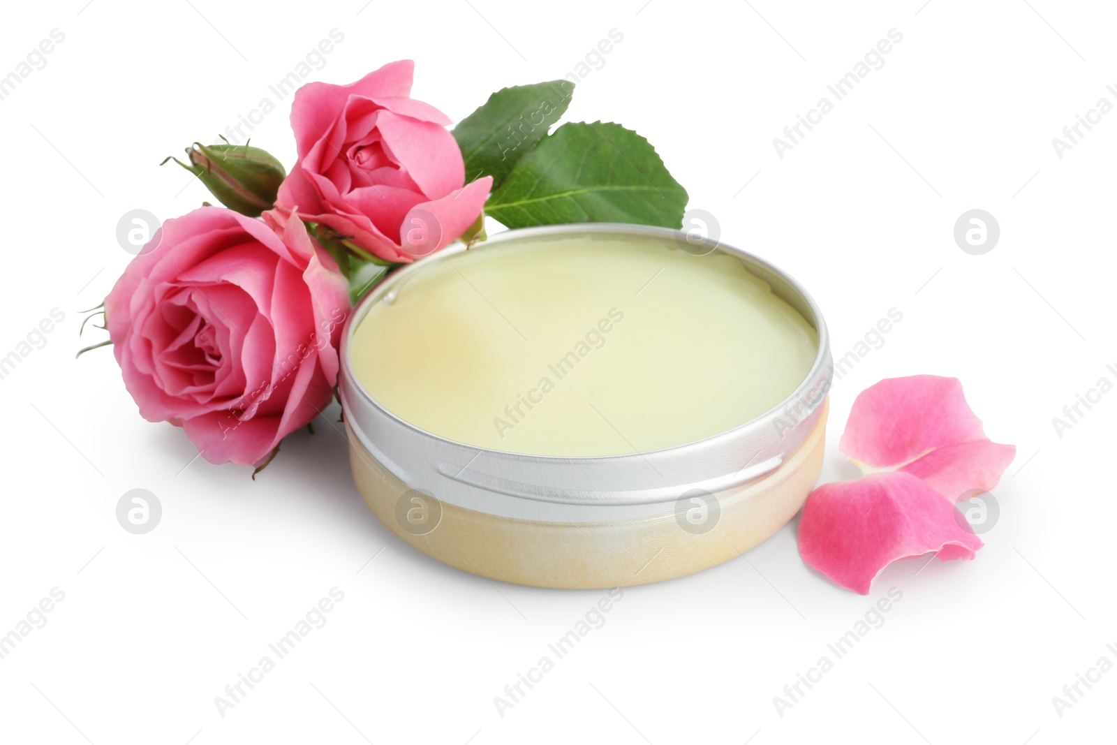 Photo of Natural solid perfume and roses isolated on white