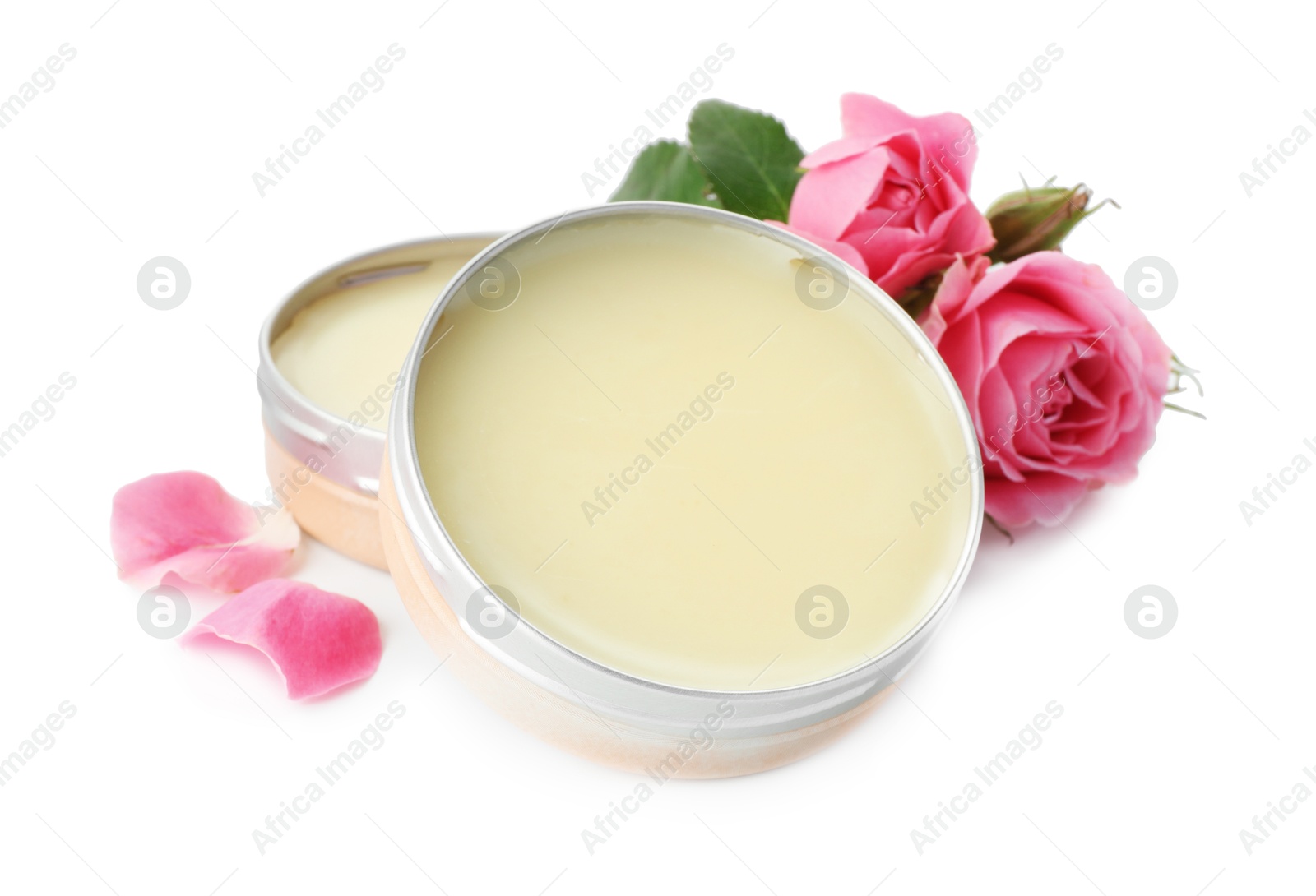 Photo of Natural solid perfume and roses isolated on white