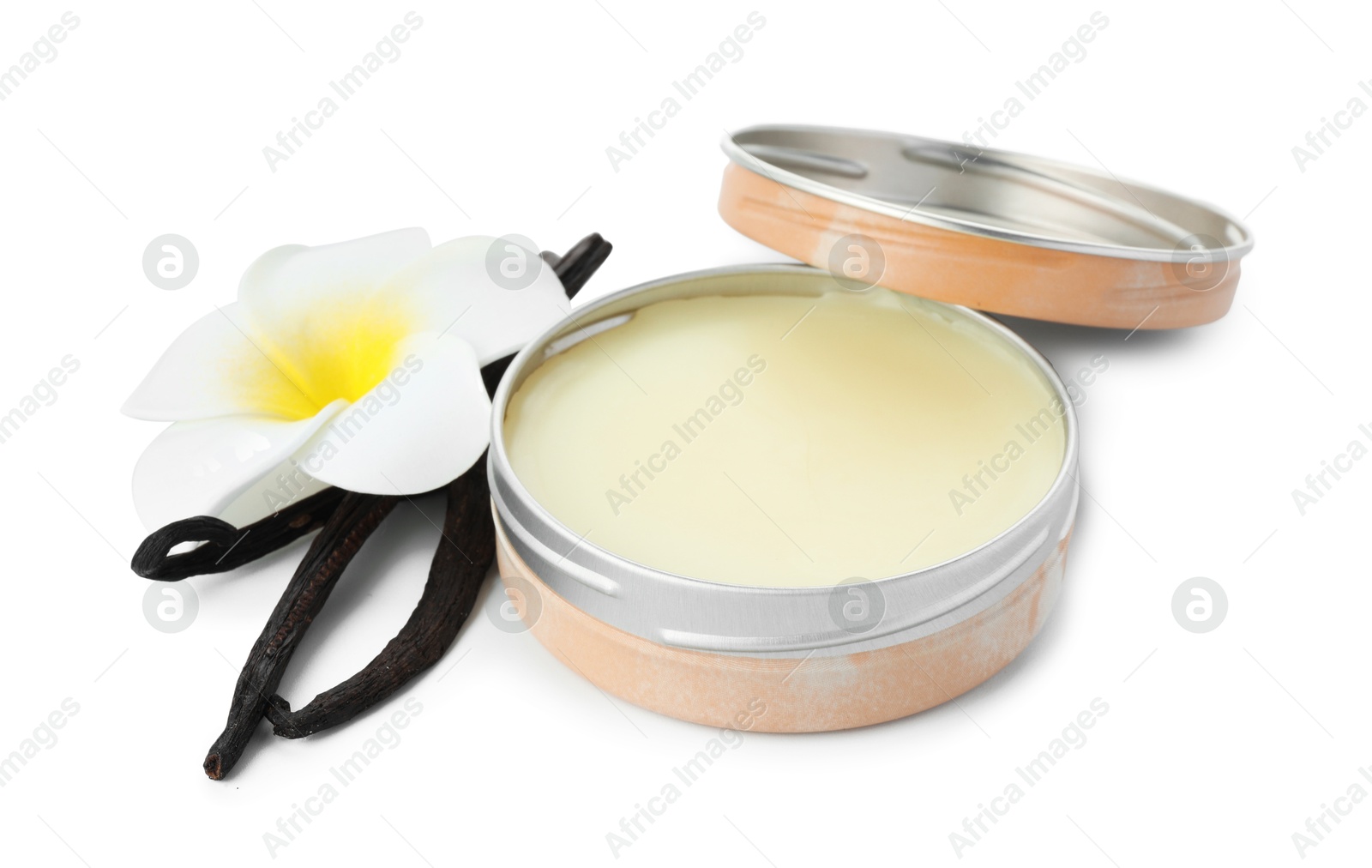 Photo of Natural solid perfume, vanilla pods and flower isolated on white