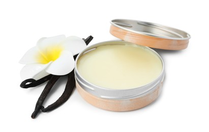 Photo of Natural solid perfume, vanilla pods and flower isolated on white