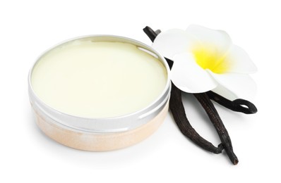 Photo of Natural solid perfume, vanilla pods and flower isolated on white