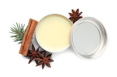 Photo of Natural solid perfume, fir twig and condiments isolated on white, top view