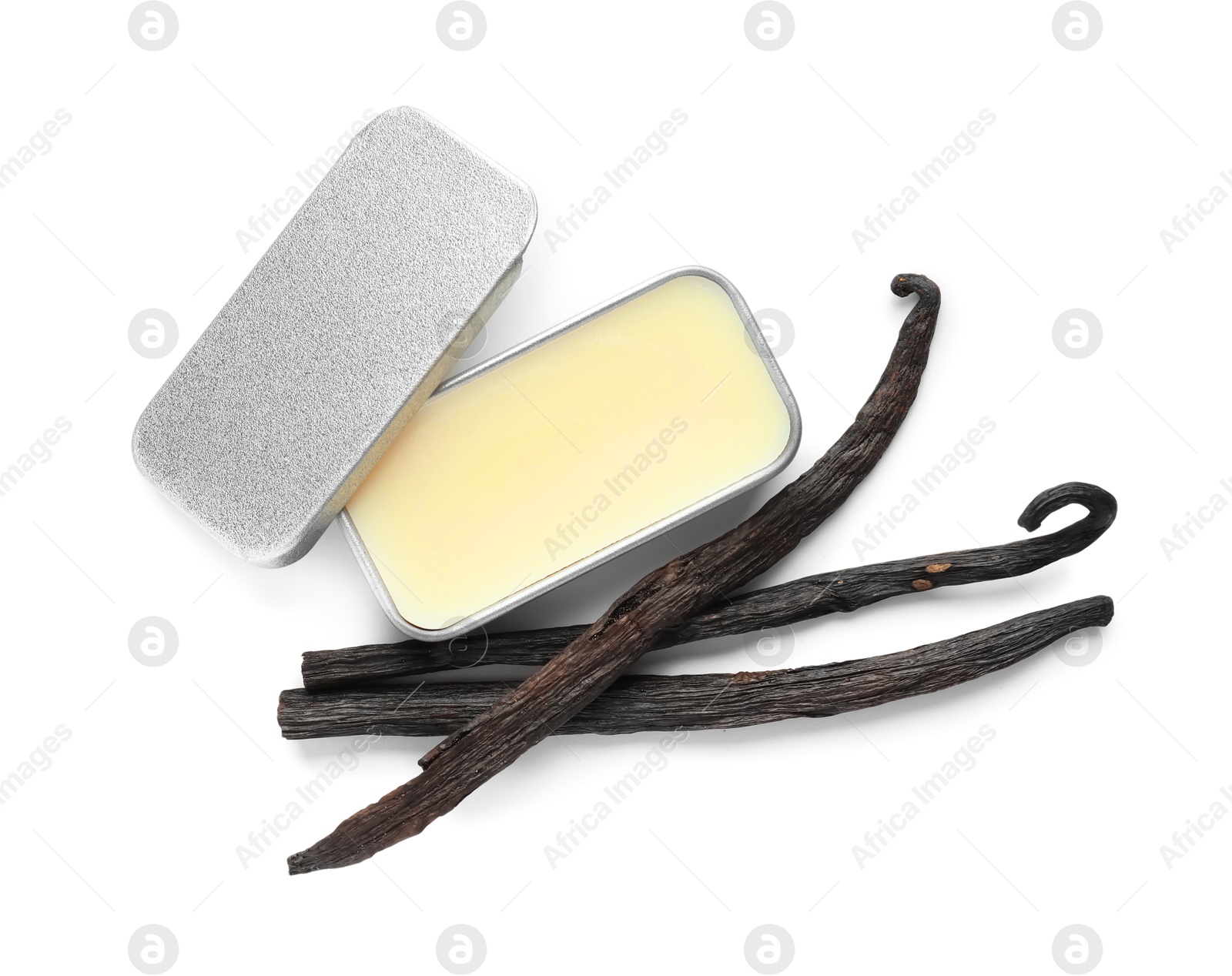 Photo of Natural solid perfume and vanilla pods isolated on white, top view