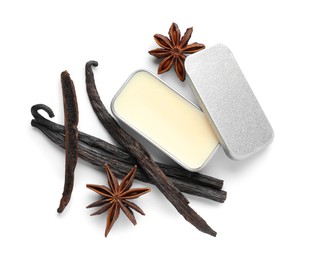 Photo of Natural solid perfume, vanilla pods and anise stars isolated on white, top view