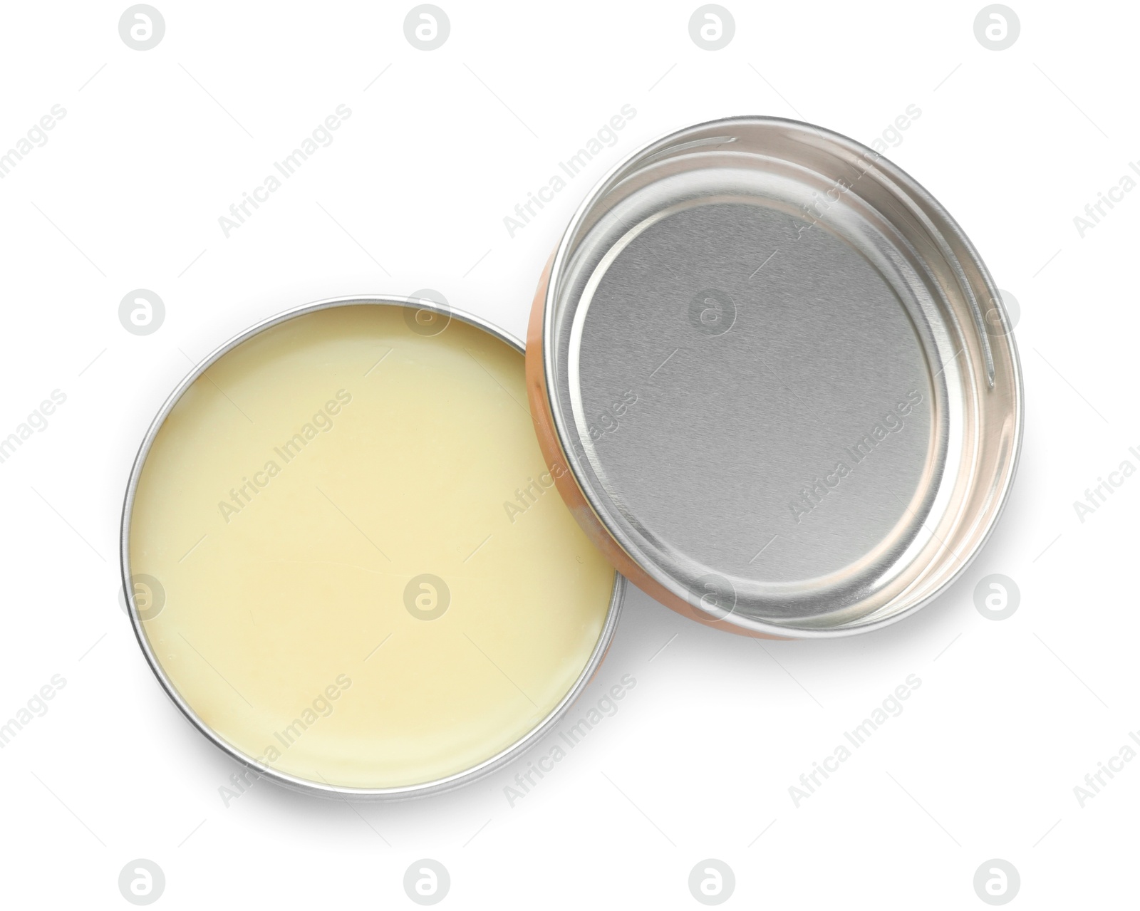 Photo of Natural solid perfume in container isolated on white, top view