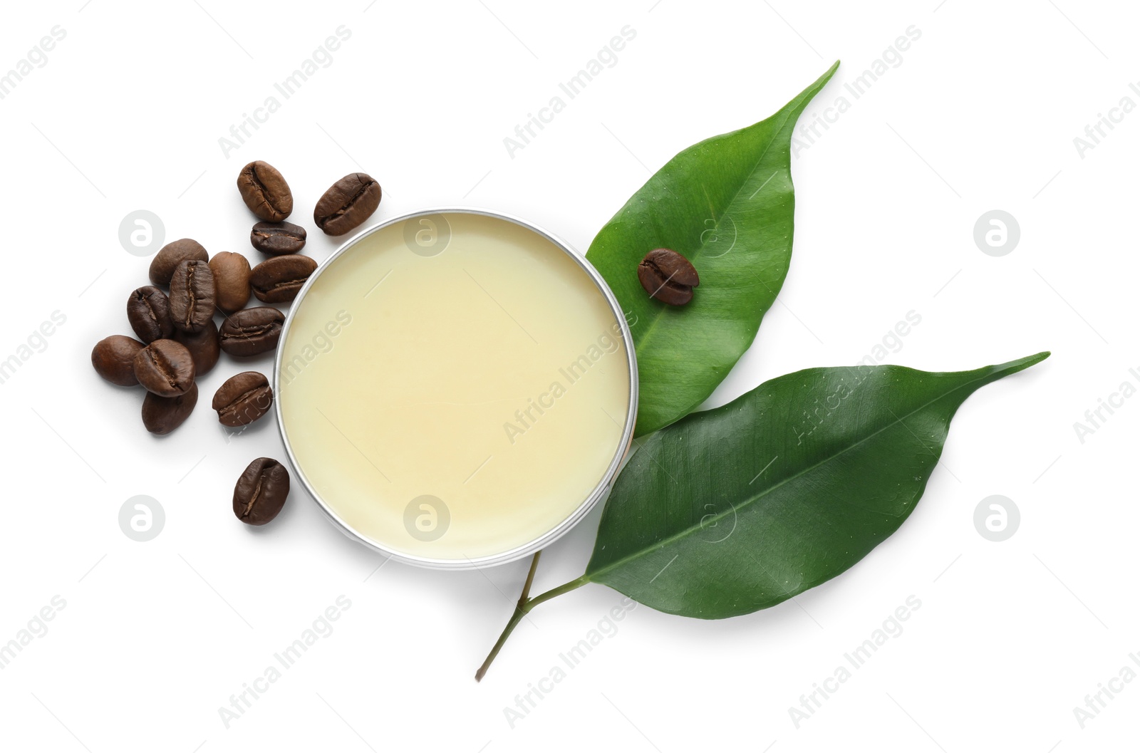 Photo of Natural solid perfume, coffee beans and green leaves isolated on white, top view