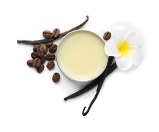 Photo of Natural solid perfume, coffee beans, vanilla pods and flower isolated on white, top view