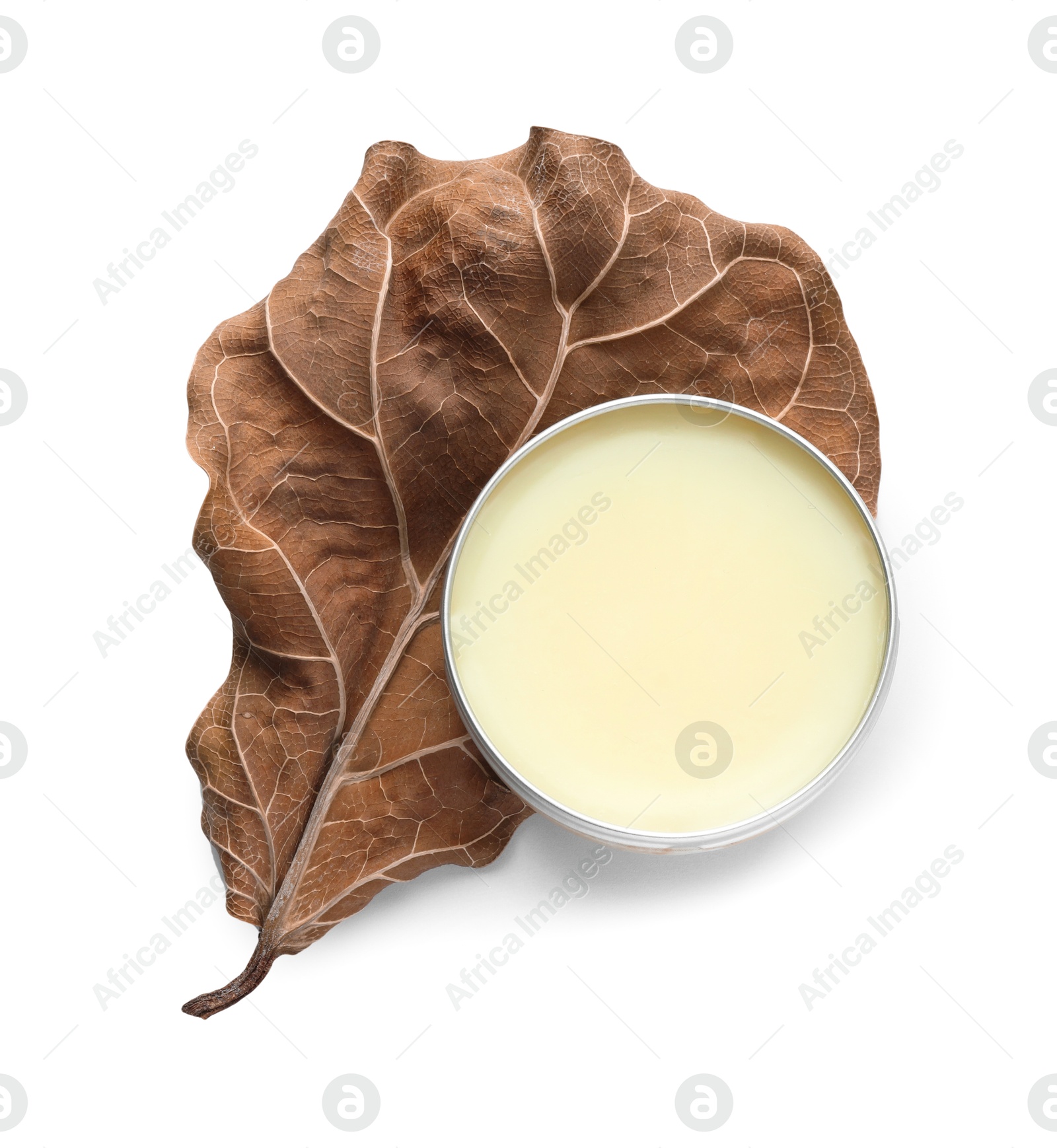 Photo of Natural solid perfume and dry leaf isolated on white, top view