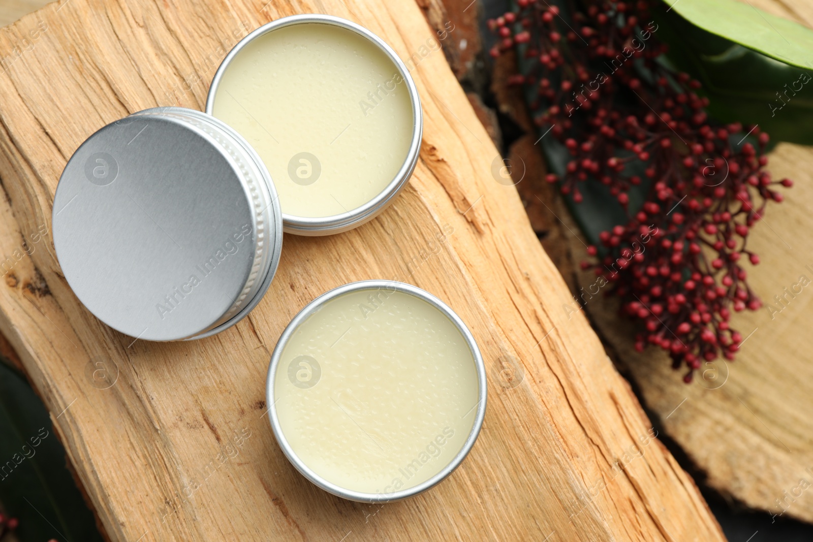 Photo of Natural solid perfume and skimmia plant on wood, top view