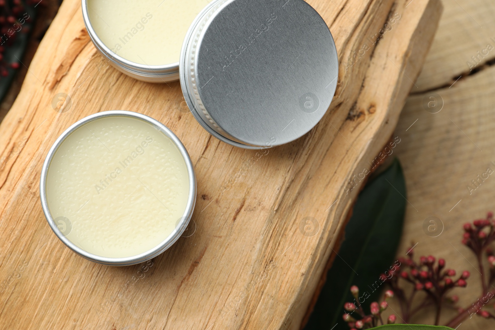 Photo of Natural solid perfume and skimmia plant on wood, top view