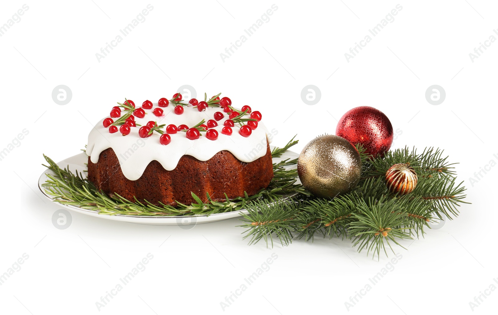 Photo of Beautifully decorated Christmas cake, fir branches and baubles on white background