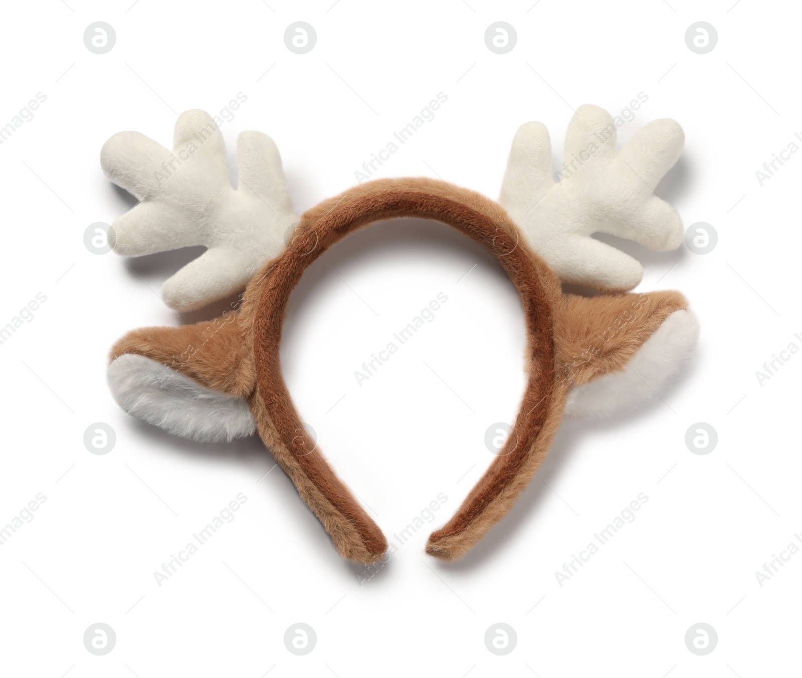 Photo of Beautiful reindeer headband isolated on white, top view. Christmas accessory