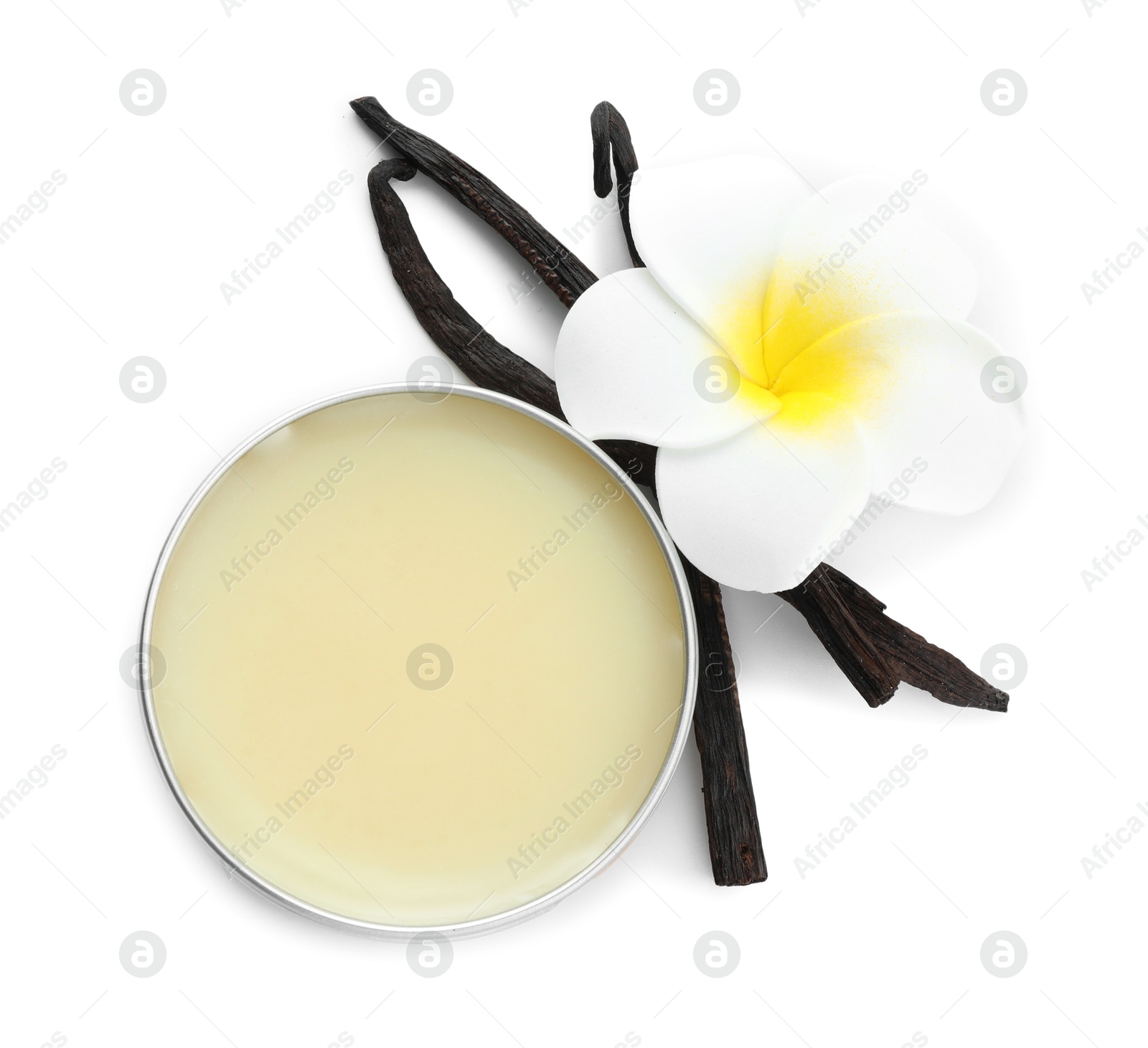 Photo of Natural solid perfume, vanilla pods and flower isolated on white, top view