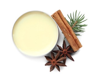 Photo of Natural solid perfume, fir twig and condiments isolated on white, top view