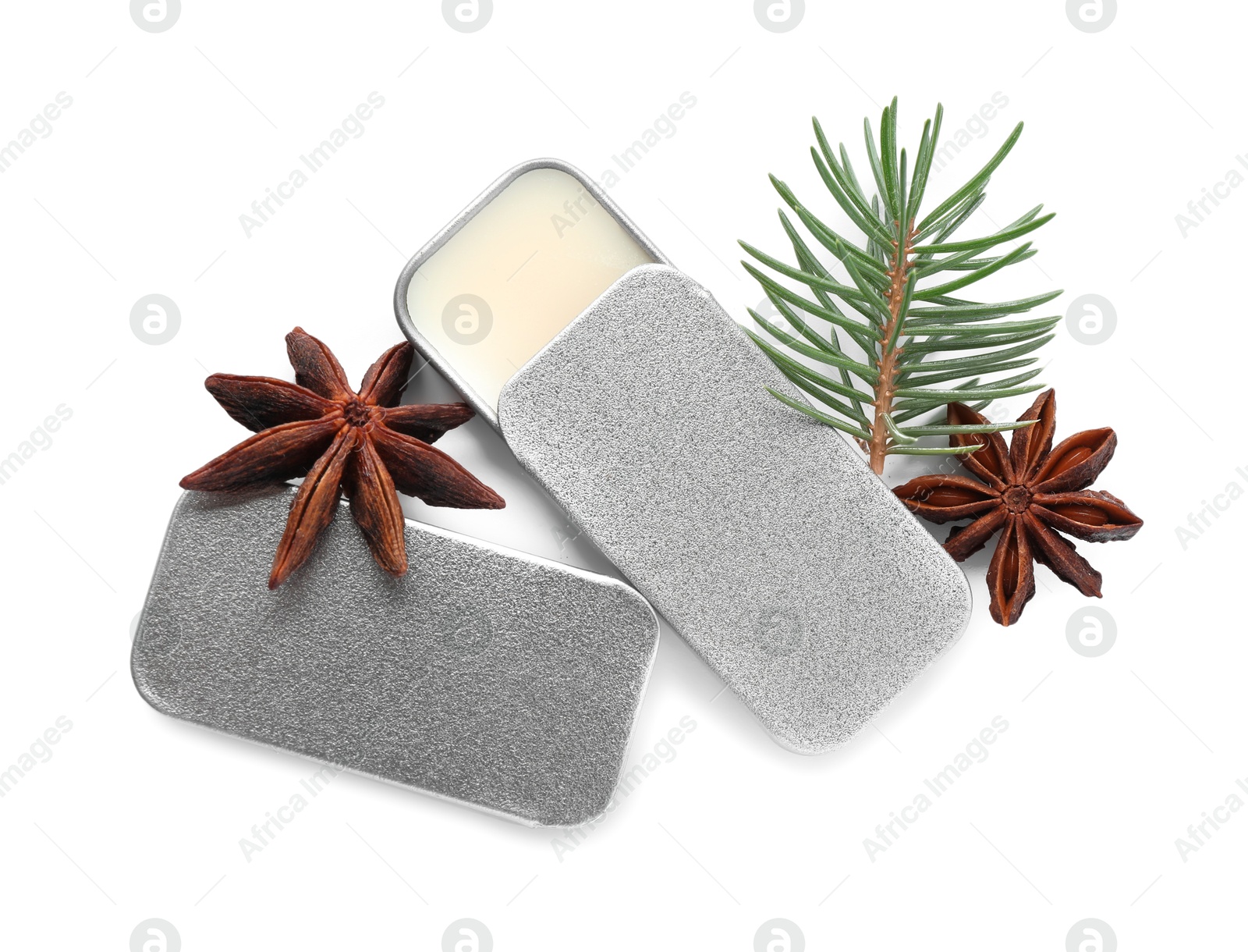 Photo of Natural solid perfume, fir twig and anise stars isolated on white, top view