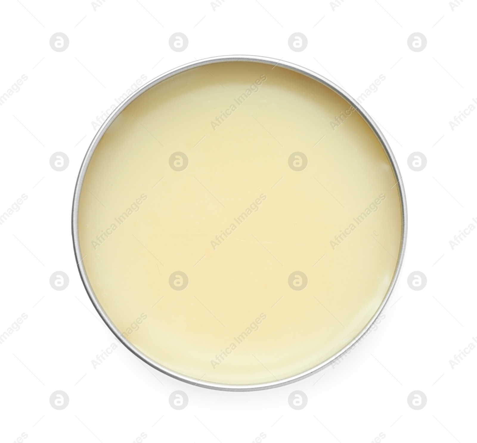 Photo of Natural solid perfume in container isolated on white, top view