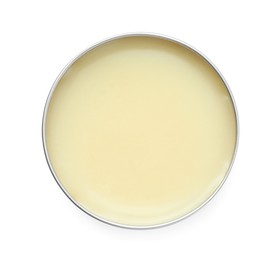 Photo of Natural solid perfume in container isolated on white, top view