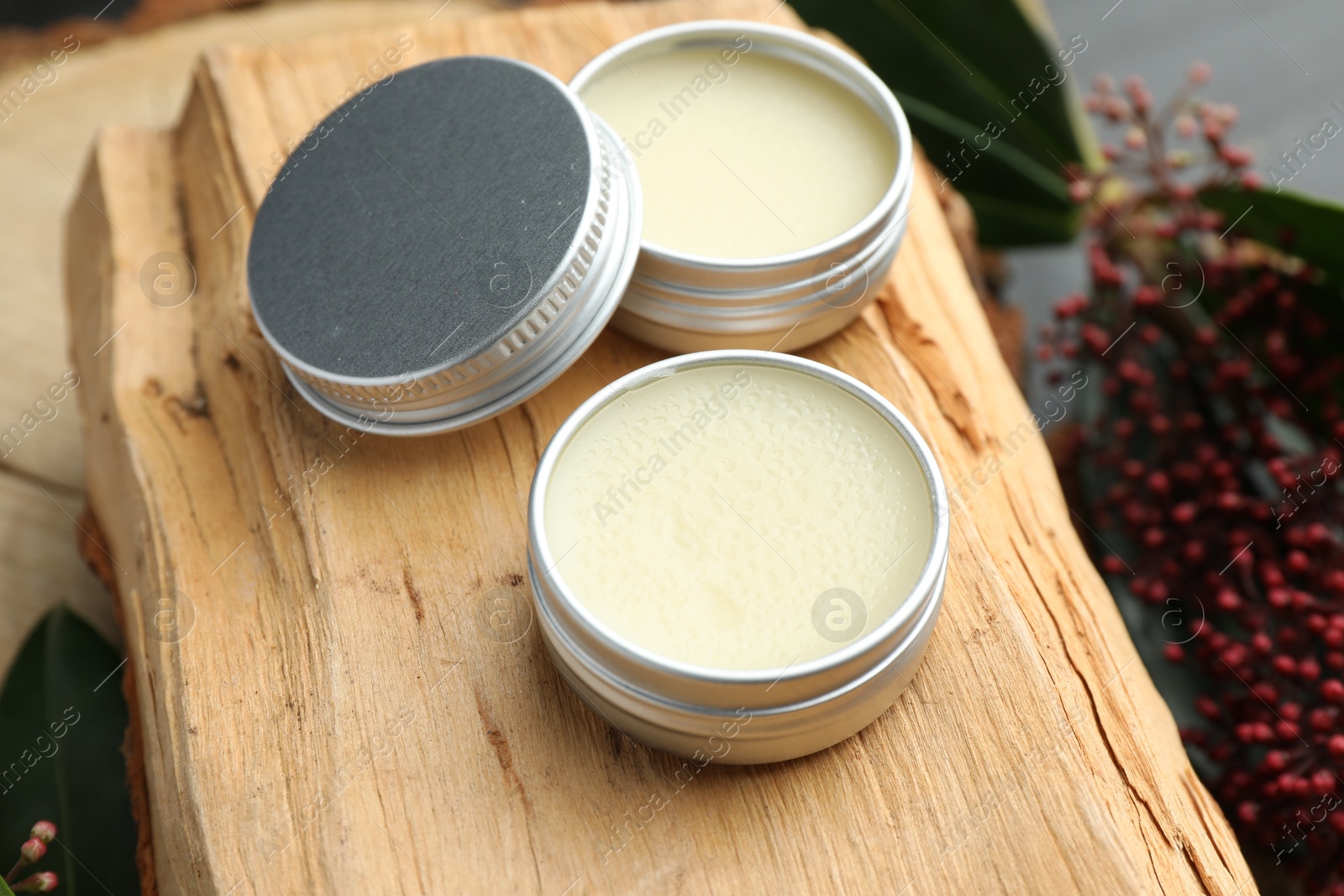 Photo of Natural solid perfume and skimmia plant on wood