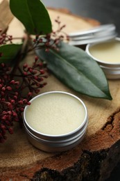 Photo of Natural solid perfume and skimmia plant on wood, closeup