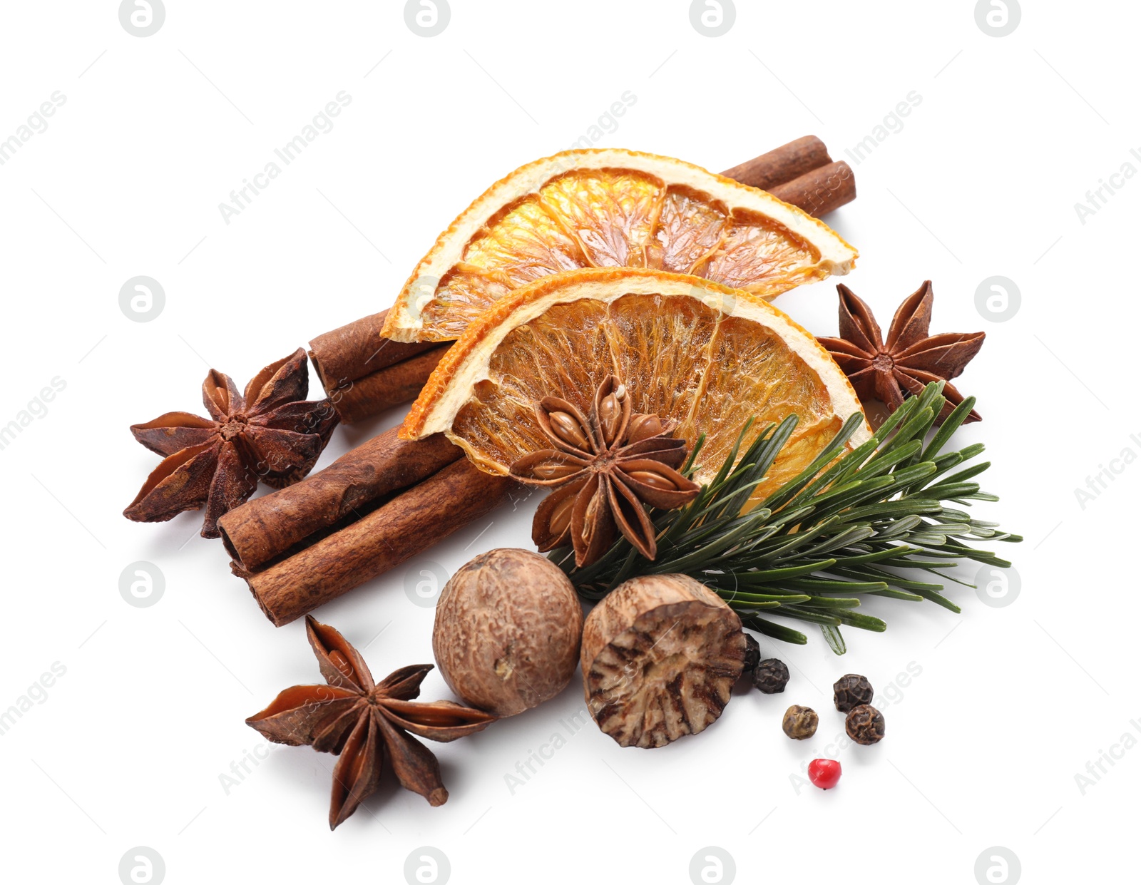 Photo of Different aromatic spices isolated on white, top view. Christmas season