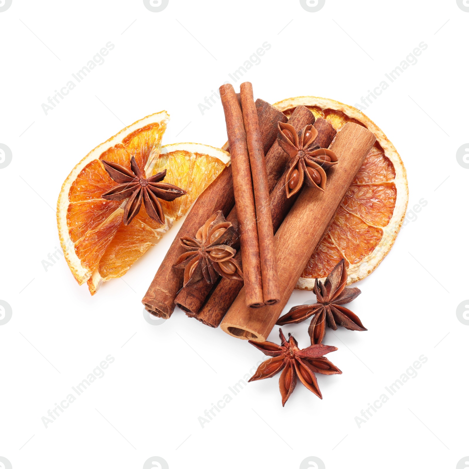 Photo of Different aromatic spices isolated on white, top view. Christmas season