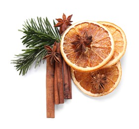 Photo of Different aromatic spices isolated on white, top view. Christmas season