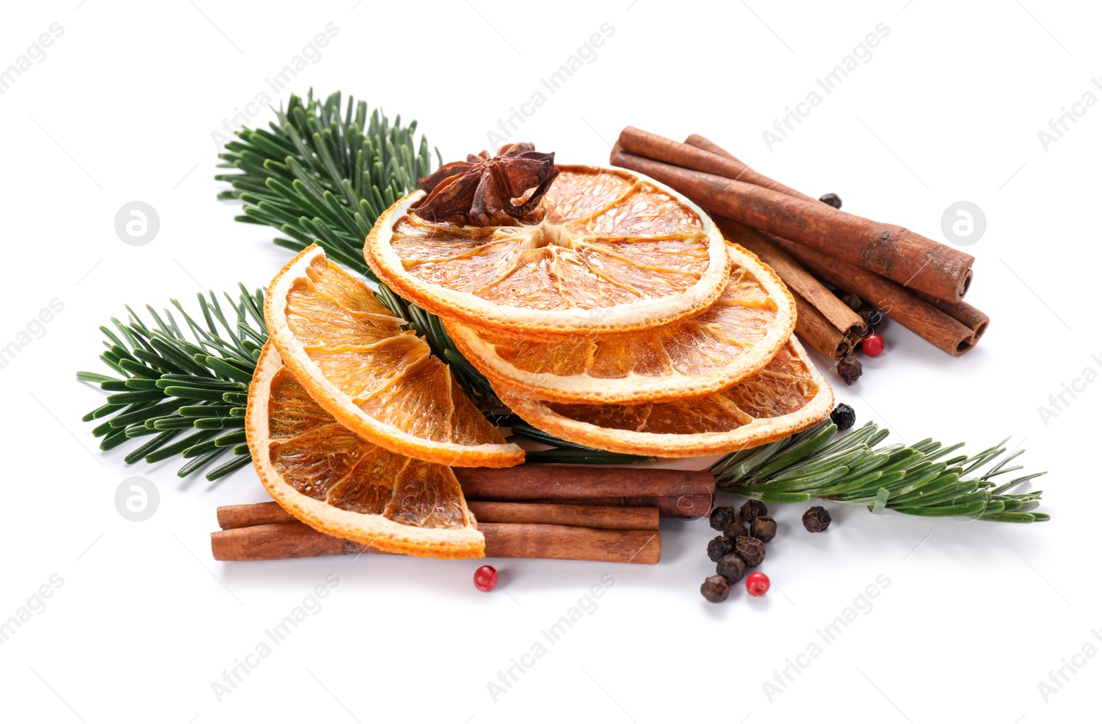 Photo of Different aromatic spices isolated on white. Christmas season