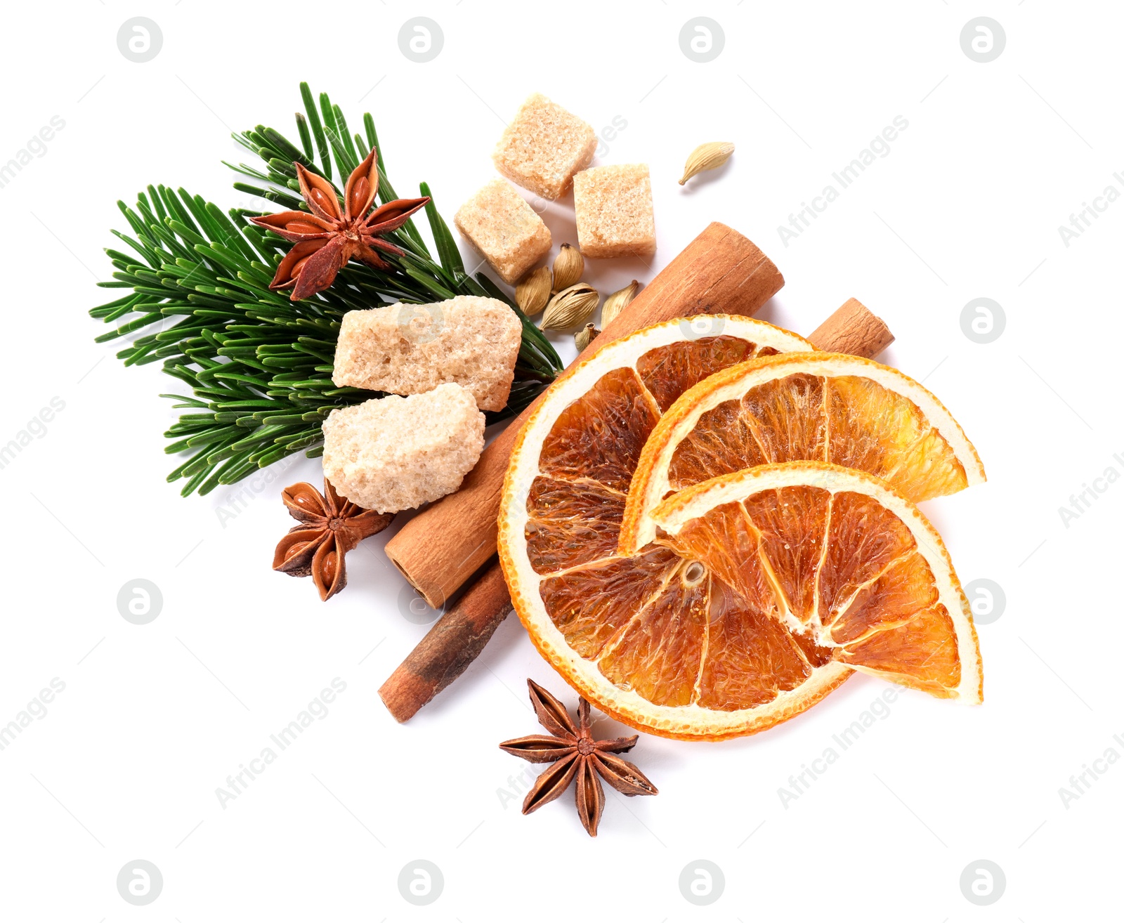 Photo of Different aromatic spices isolated on white, top view. Christmas season