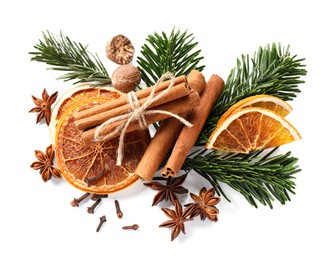 Photo of Different aromatic spices isolated on white, top view. Christmas season