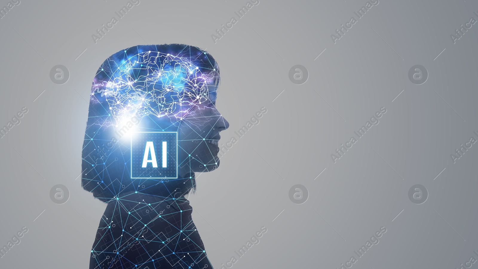 Image of Artificial intelligence. Double exposure of woman and scheme with brain on grey background. Banner design with space for text