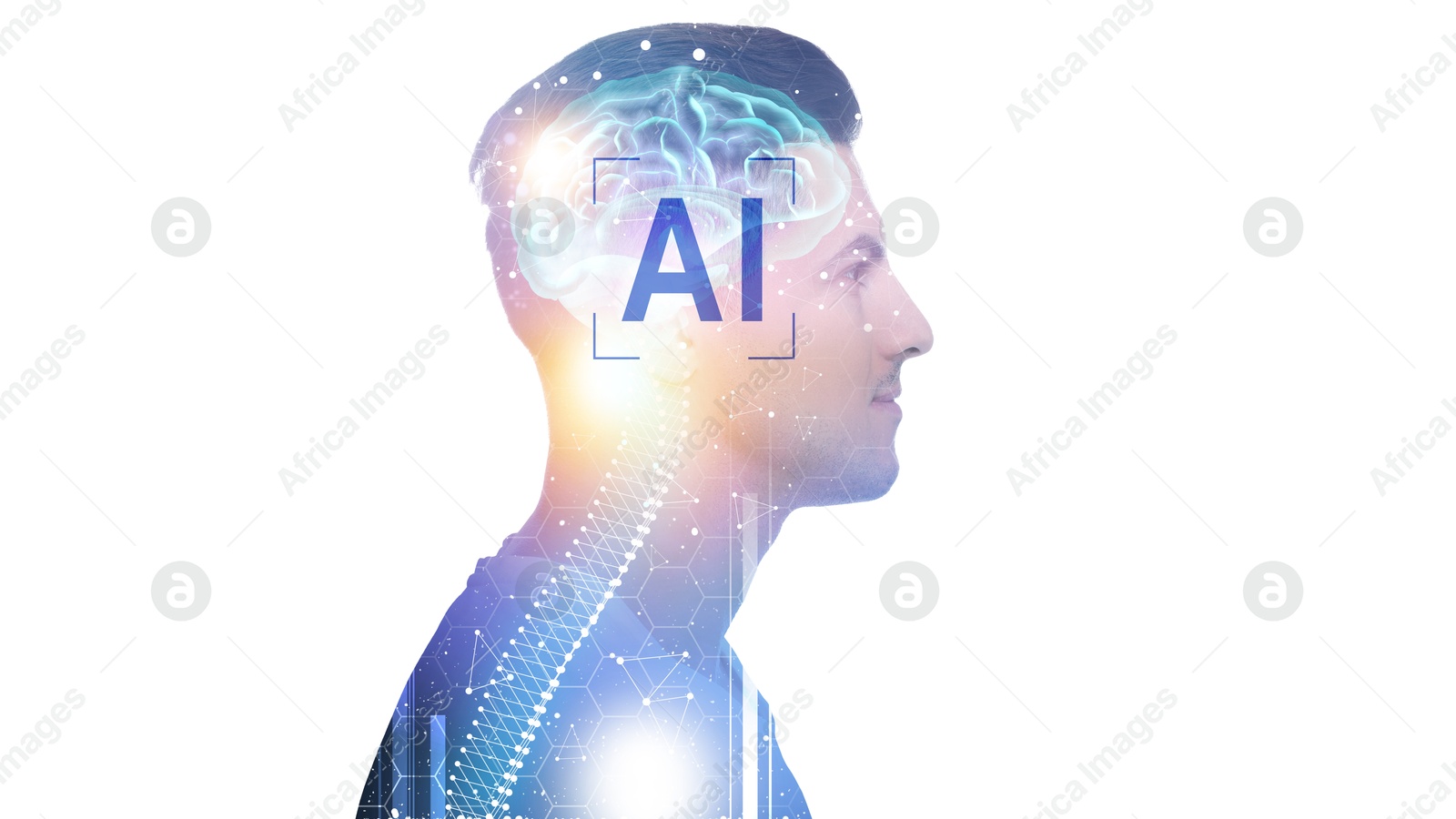 Image of Artificial intelligence. Double exposure of man, brain with spine scheme on white background. Banner design