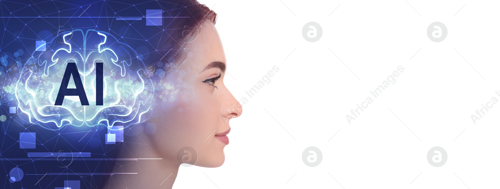 Image of Artificial intelligence. Double exposure of woman and scheme with brain on white background. Banner design with space for text