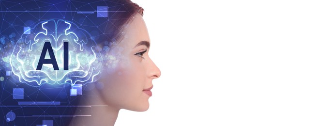 Image of Artificial intelligence. Double exposure of woman and scheme with brain on white background. Banner design with space for text