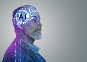 Image of Artificial intelligence. Double exposure of senior man, code and brain on grey background. Space for text