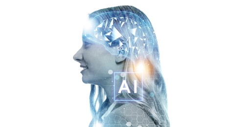 Image of Artificial intelligence. Double exposure of woman and brain on white background. Banner design