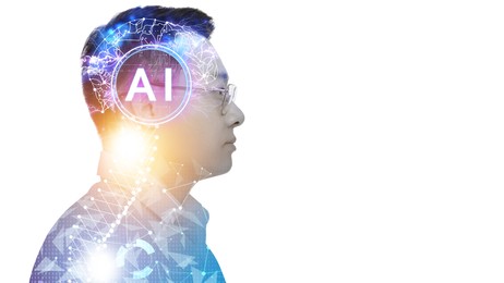 Image of Artificial intelligence. Double exposure of man and brain with spine on white background. Banner design with space for text