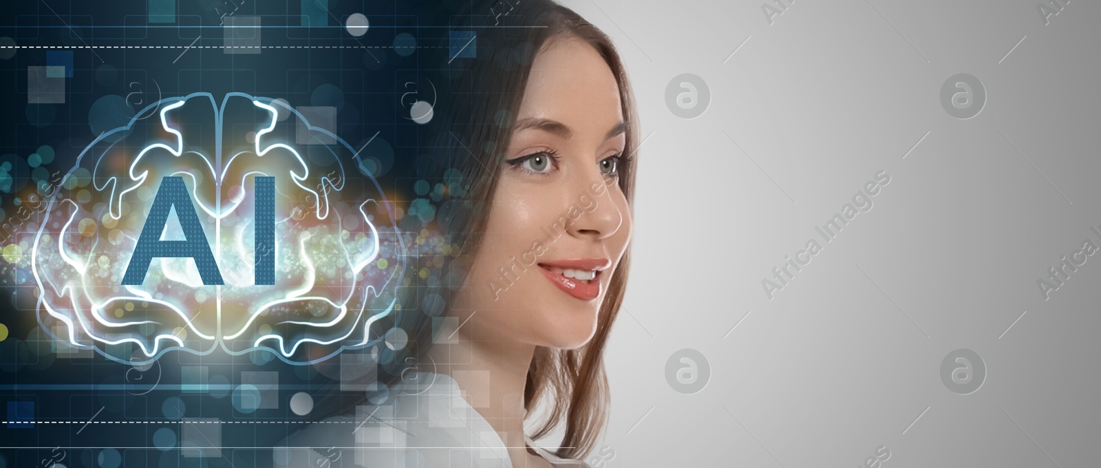 Image of Artificial intelligence. Double exposure of woman and scheme with brain on grey background. Banner design with space for text