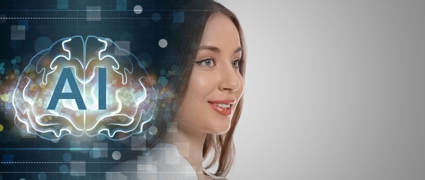 Image of Artificial intelligence. Double exposure of woman and scheme with brain on grey background. Banner design with space for text