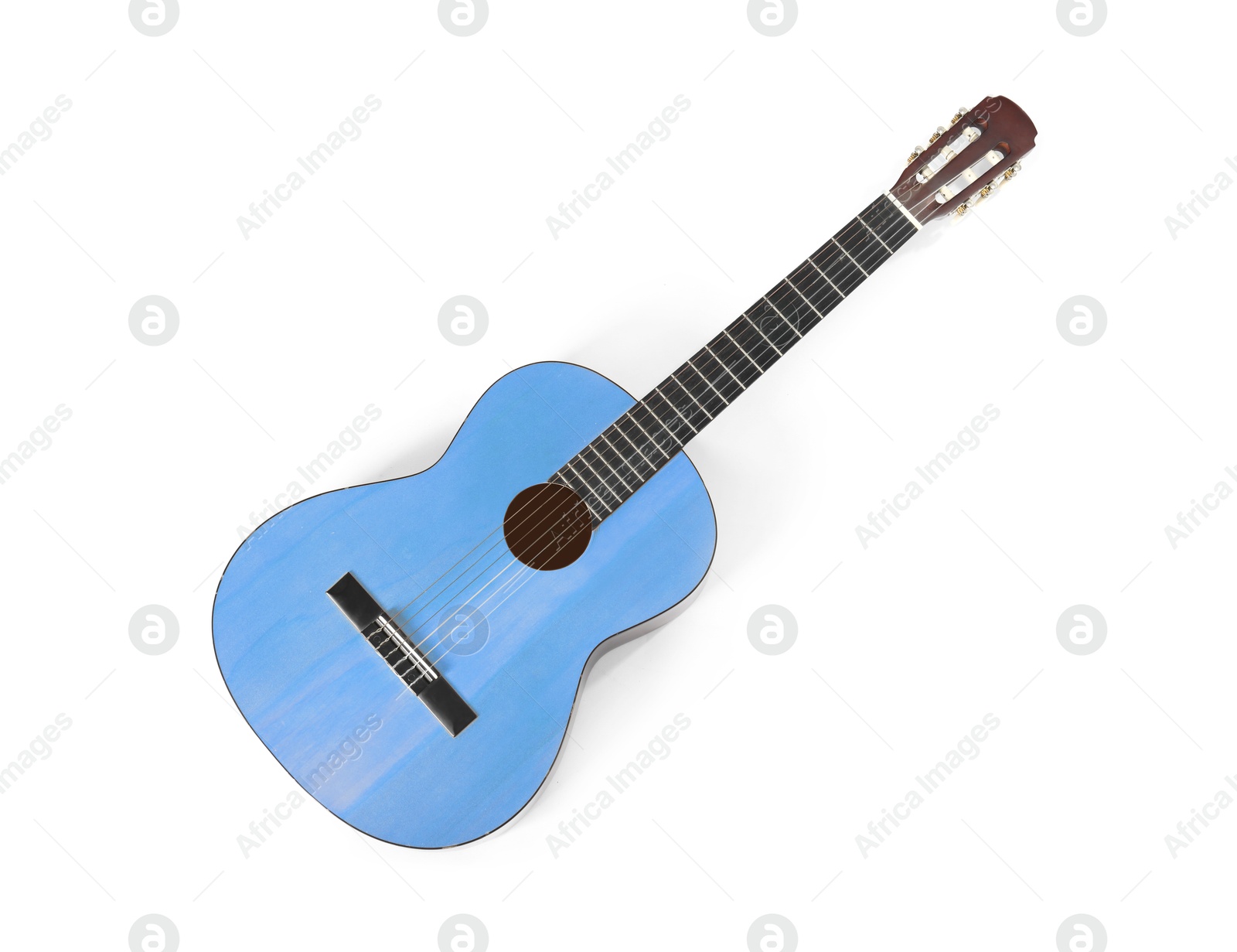 Image of Light blue acoustic guitar on white background. Musical instrument