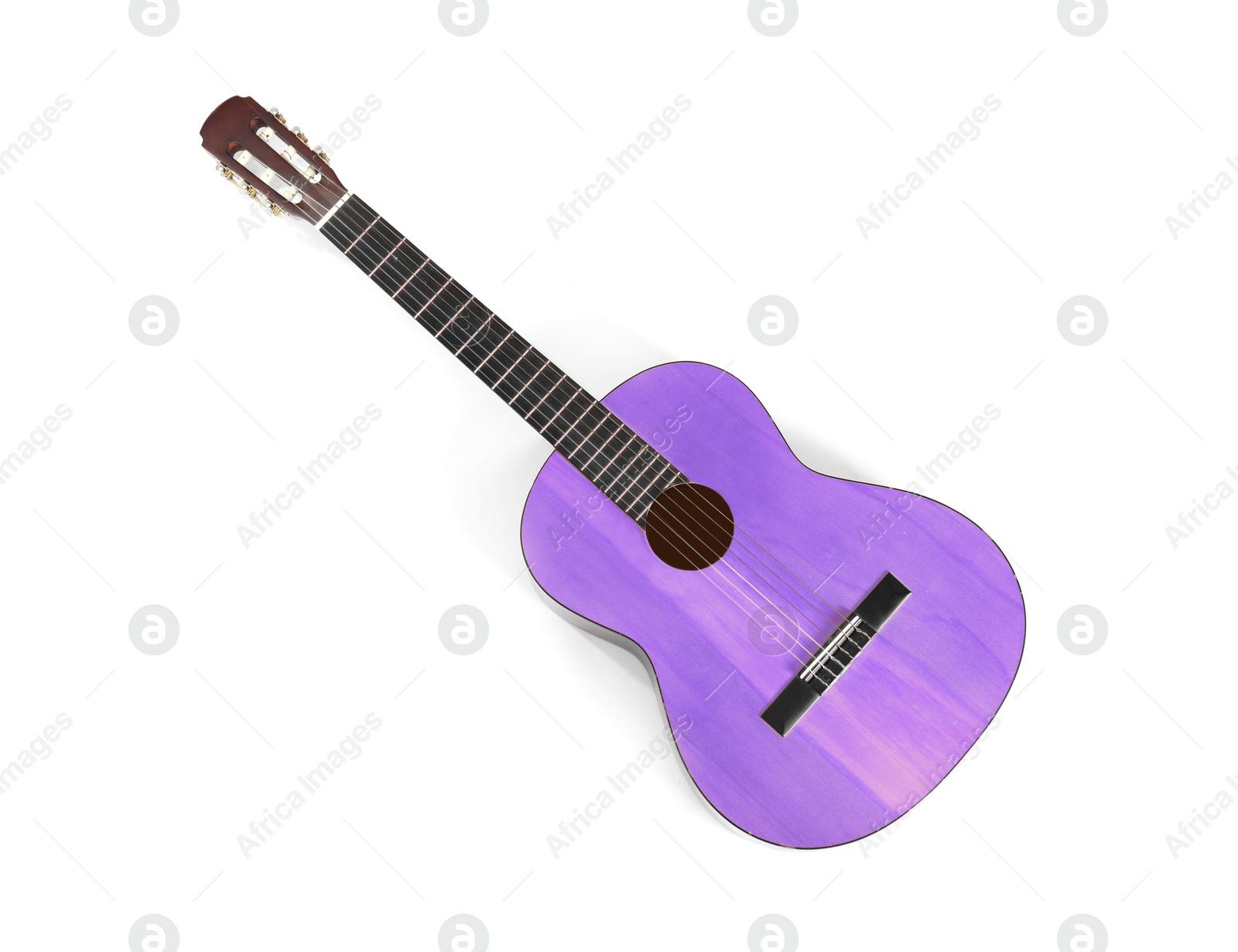 Image of Violet acoustic guitar on white background. Musical instrument