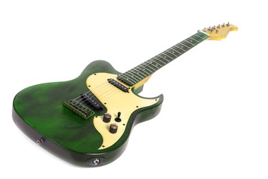 Image of Green electric guitar on white background. Musical instrument