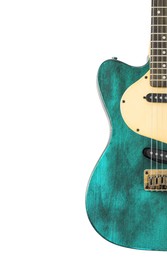 Image of Turquoise electric guitar on white background. Musical instrument