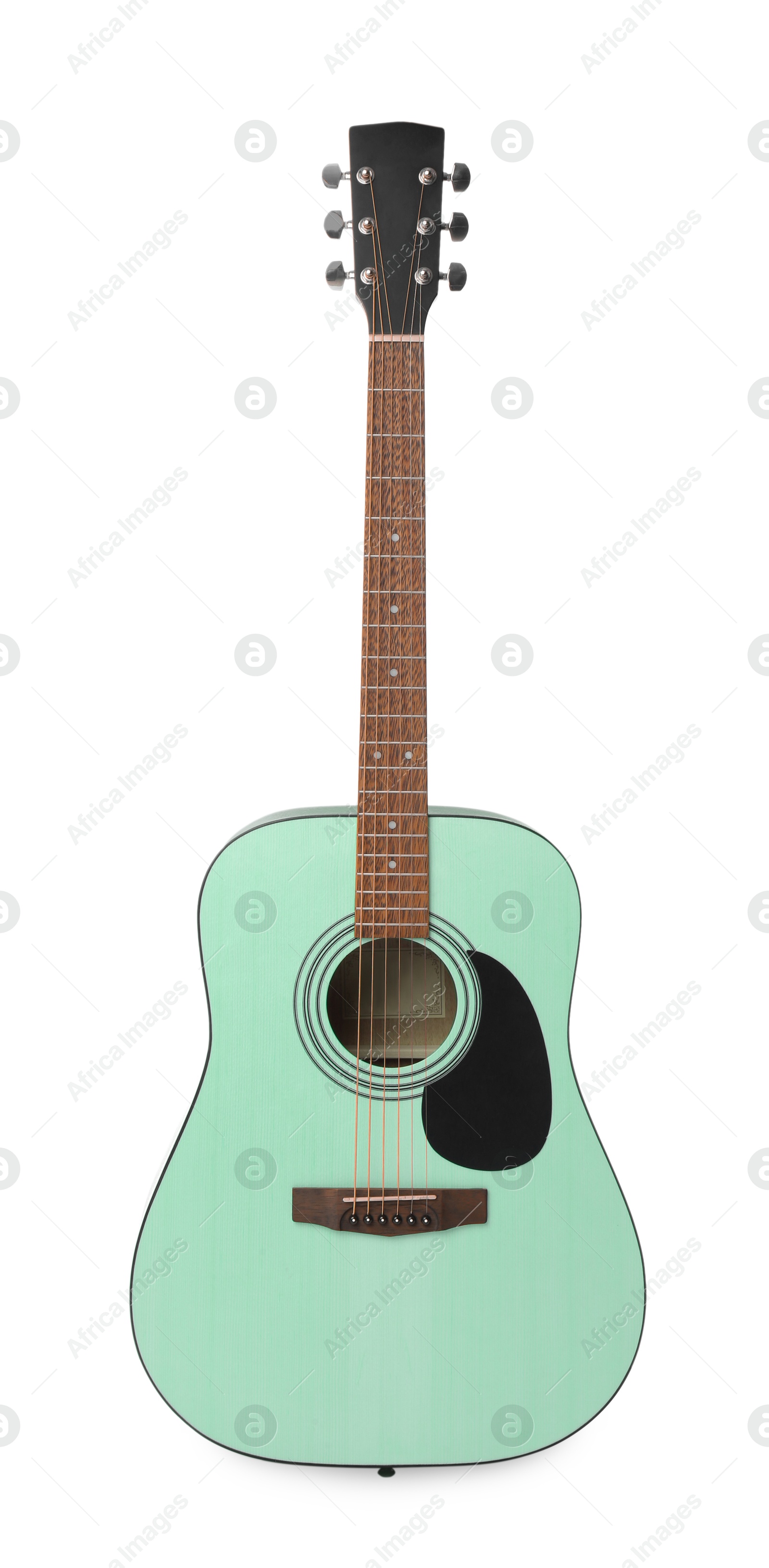 Image of Aquamarine color acoustic guitar on white background. Musical instrument