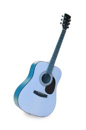 Image of Light blue acoustic guitar on white background. Musical instrument