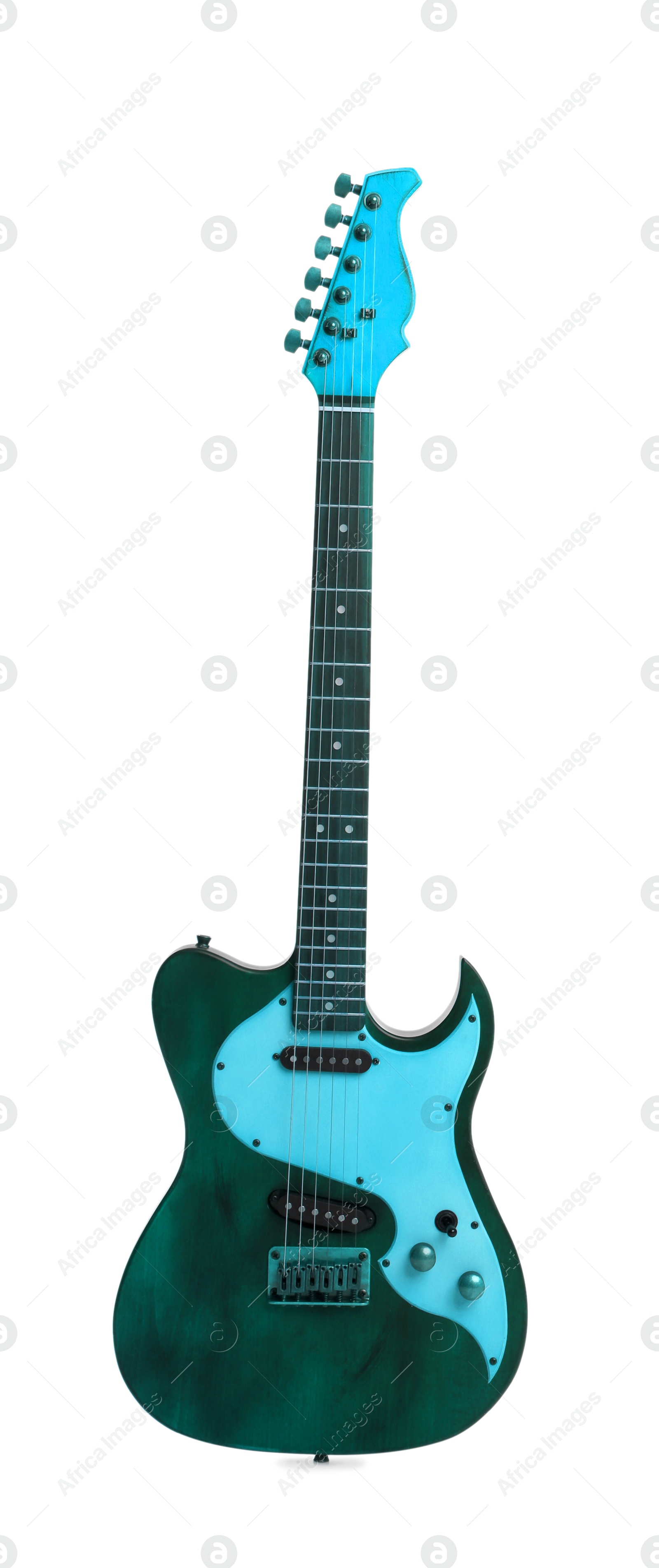 Image of Blue electric guitar on white background. Musical instrument